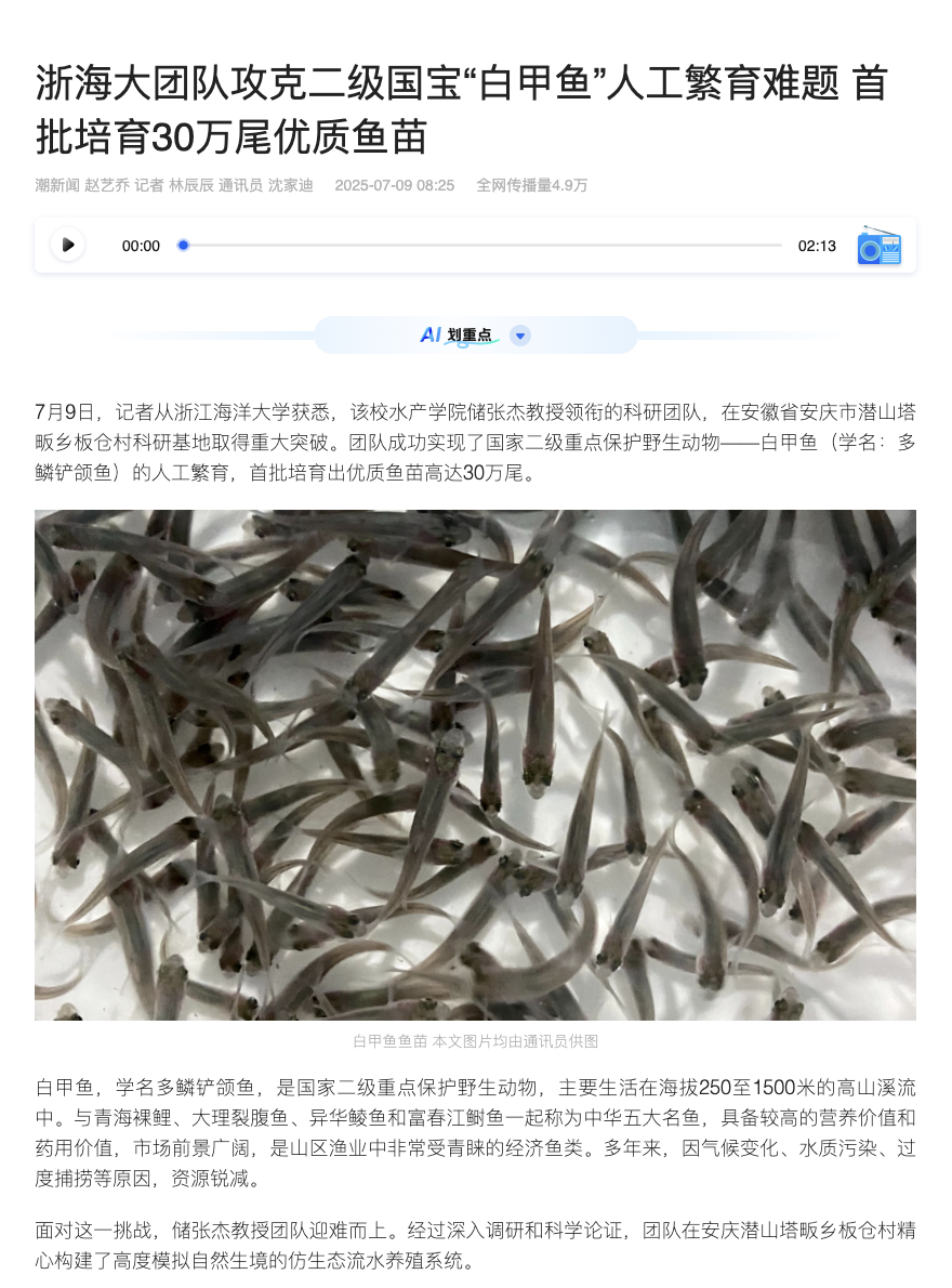 20250709 潮新闻客户端 浙海大团队攻克二级国宝“白甲鱼”人工繁育难题 首批培育30万尾优质鱼苗1.png